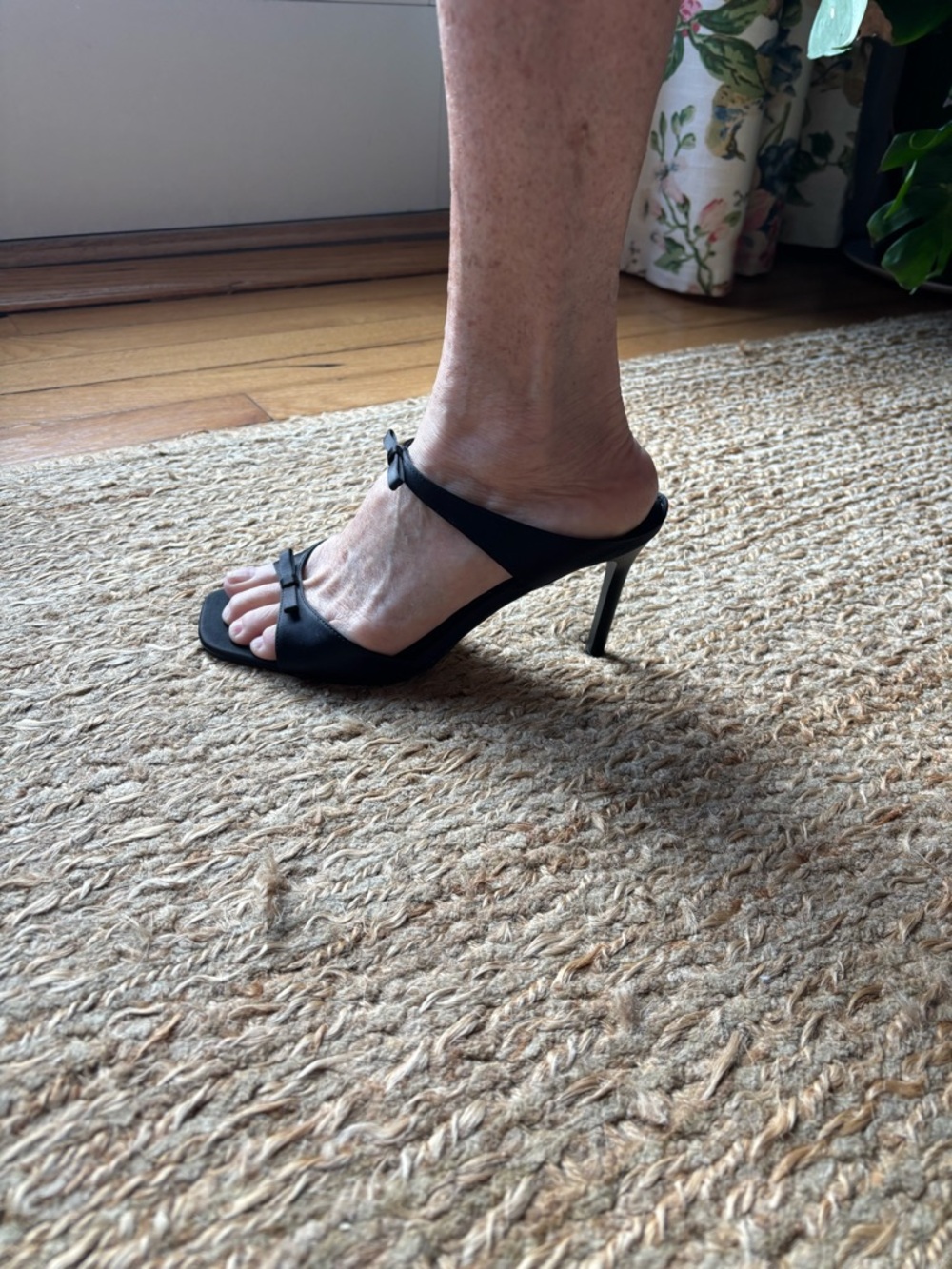 Ann Taylor Black Open-Toe Stiletto Slide with Bow Accents